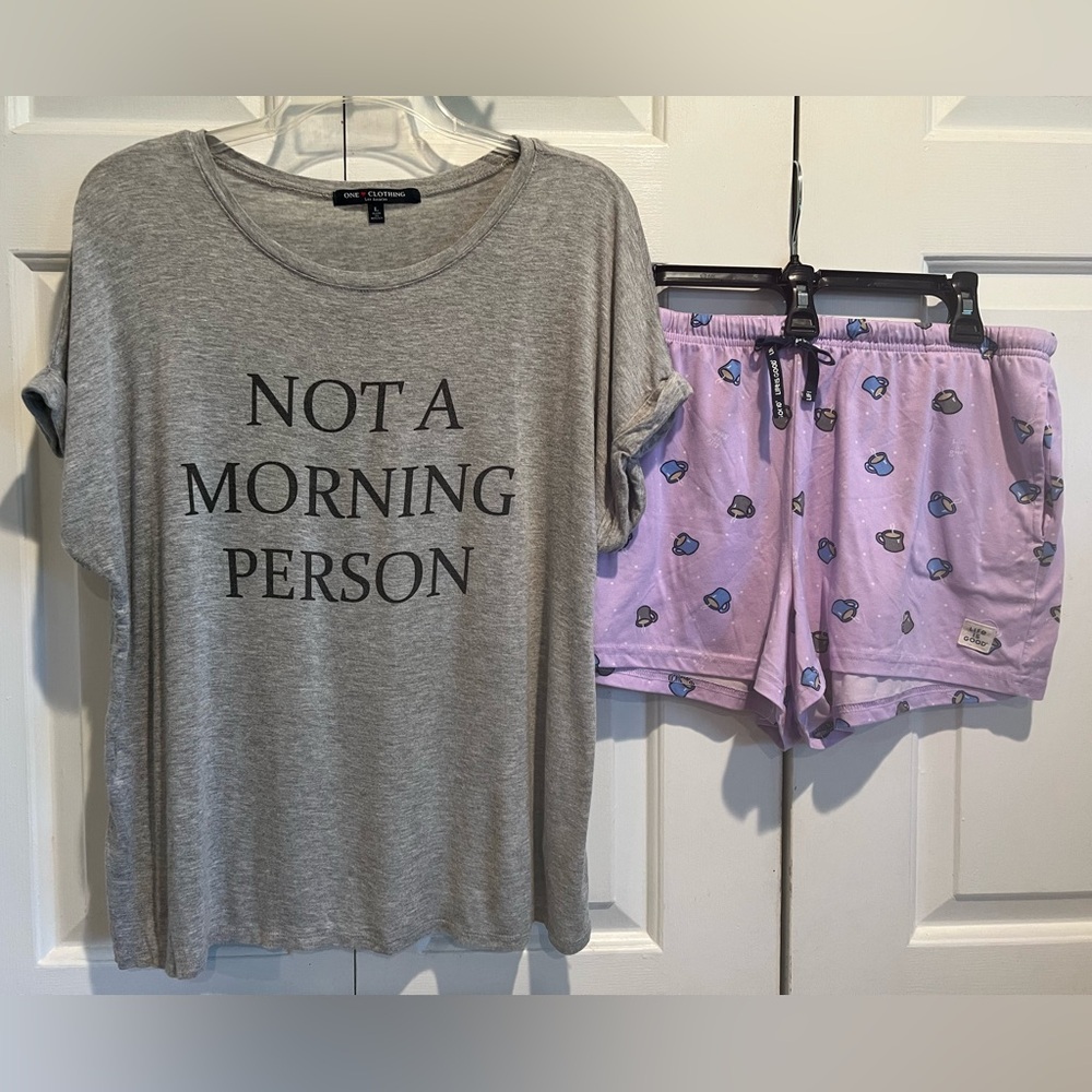 Life Is Good💜🩶Purple Coffee Cup Shorts w Pockets  & Soft Gray “Morning “ Shirt